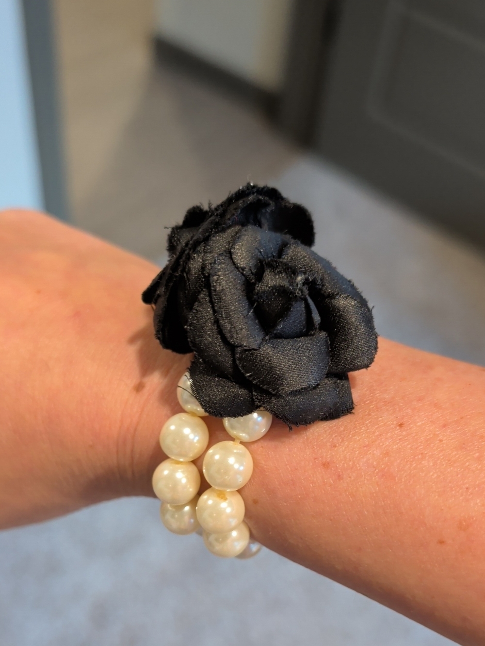 Pearl Stretch Bracelet with Black Fabric Flower